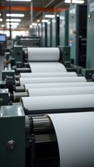 Obraz premium Industrial Paper Rolling A Glimpse Into Manufacturing Process,Where White Paper Rolls Move Through Modern Machinery,Creating Endless Supplies For Various Needs.