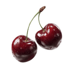 Two Juicy Cherries with Water Droplets Isolated on White Transparent background