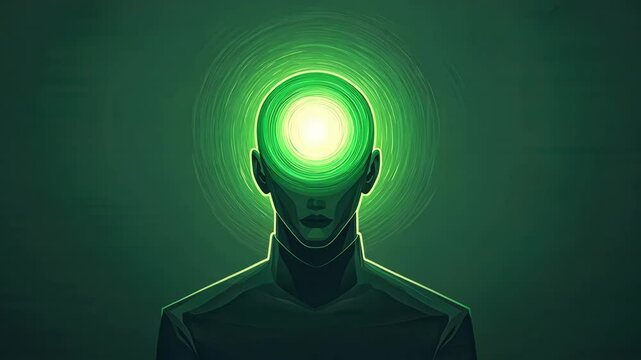 Abstract figure with glowing green light emanating from head.
