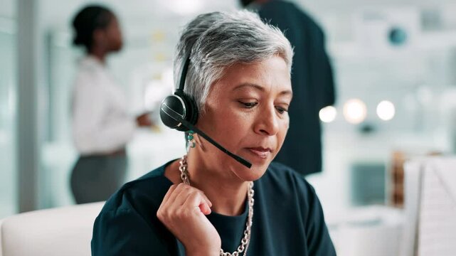 Headset, contact center and mature woman talk for communication, lead generation or insurance. Sales, telemarketing and consultant in conversation for outbound marketing, call or feedback in office