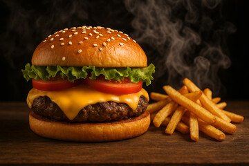 A cheeseburger with lettuce and tomato on top of a bun. A side of french fries