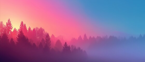 Side View of Sunrise in Misty Pastel Forest, Colorful Gradient Atmosphere