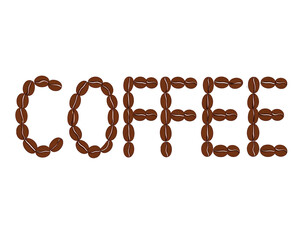 The word coffee with coffee beans