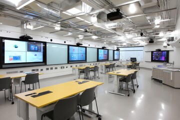 Fototapeta premium Cutting-edge classroom with digital boards and interactive tools enhancing the learning process.