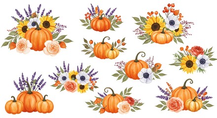 Fototapeta premium Autumn Harvest: A Bouquet of Pumpkins and Blooms