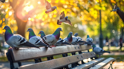 A flock of pigeons rests on a park bench in vibrant urban nature photography.