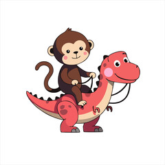 Cute Monkey Riding a Pink Dinosaur Cartoon Vector Illustration