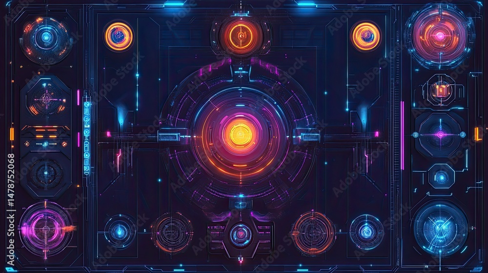 Poster futuristic interface panel with glowing elements for advanced technology display