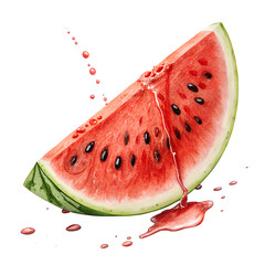 A slice of watermelon with juice dripping from it. The juice is red and the watermelon is cut in half