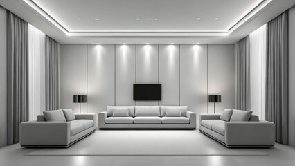 A modern, minimalist living room with neutral tones, sleek sofas, a wall-mounted TV, elegant lighting, and floor-to-ceiling curtains.