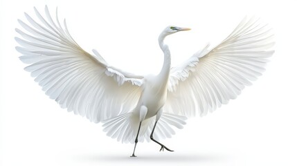 Obraz premium Majestic Great Egret Displaying Its Impressive Wingspan on White Backdrop