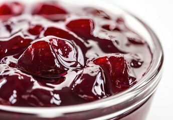 Close-up view of a bowl of sweet, dark red fruit preserves.  Pieces of fruit are visible within the glossy, viscous, dark red jelly