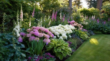 Vibrant flowerbed with hydrangeas, foxgloves, and other perennials.  A beautiful garden display