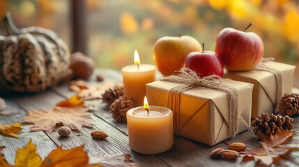 A charming autumn still life featuring apples, lit candles, wrapped gifts, and seasonal accents.