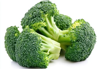 Close-up of fresh, green broccoli florets on a white background.