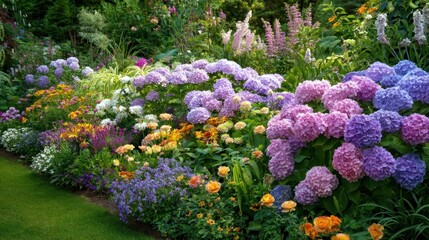 Vibrant flower bed bursting with color. Lush hydrangeas, colorful annuals, and other blooms create a beautiful garden display