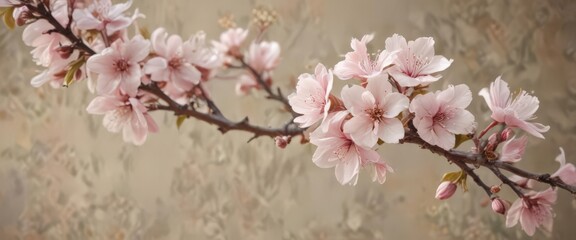 Fototapeta premium Delicate spring blossoms emerge on textured craft paper Soft light, pastel palette , background, closeup, texture
