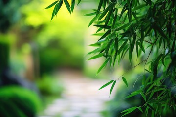 Obraz premium Lush bamboo foliage frames a blurred garden path