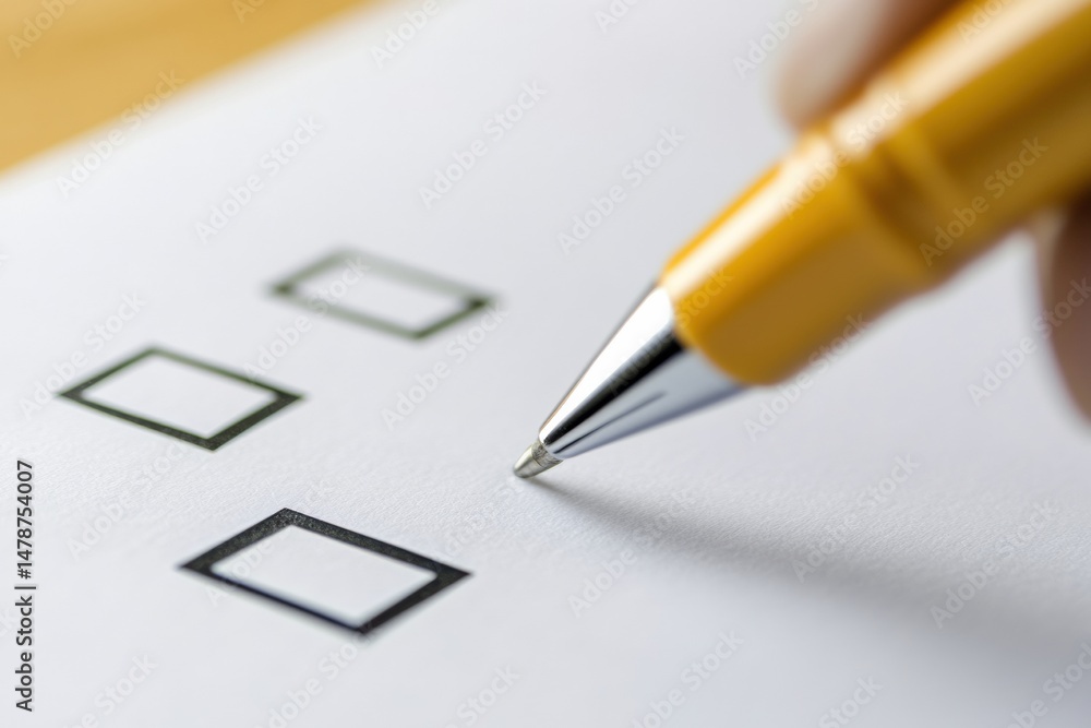 Aufkleber precision quality assurance minimalist compliance verification with sleek yellow pen - modern busine
