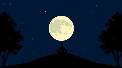 Naklejka premium Night Meditation: Silhouette of a person meditating on a hill under a large full moon at night, with stars visible.