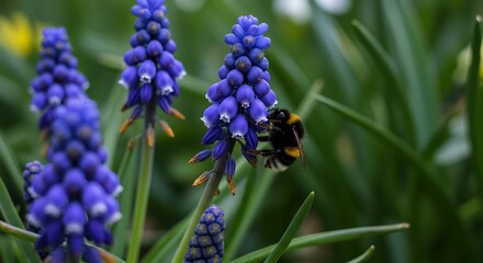 Bumblebee on Grape Hyacinth Blooms in Spring Garden