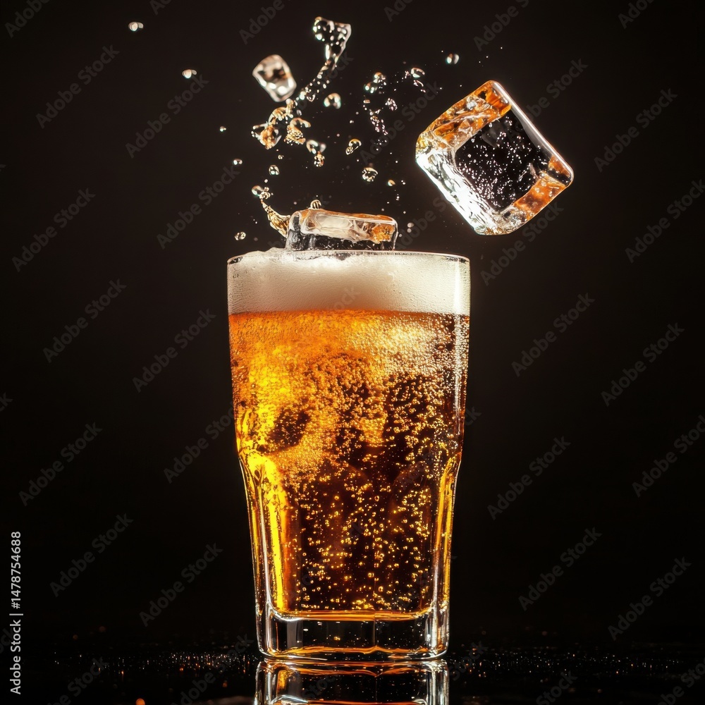 Poster refreshing beer with ice cubes splashing in glass on dark background studio shot close up view drink
