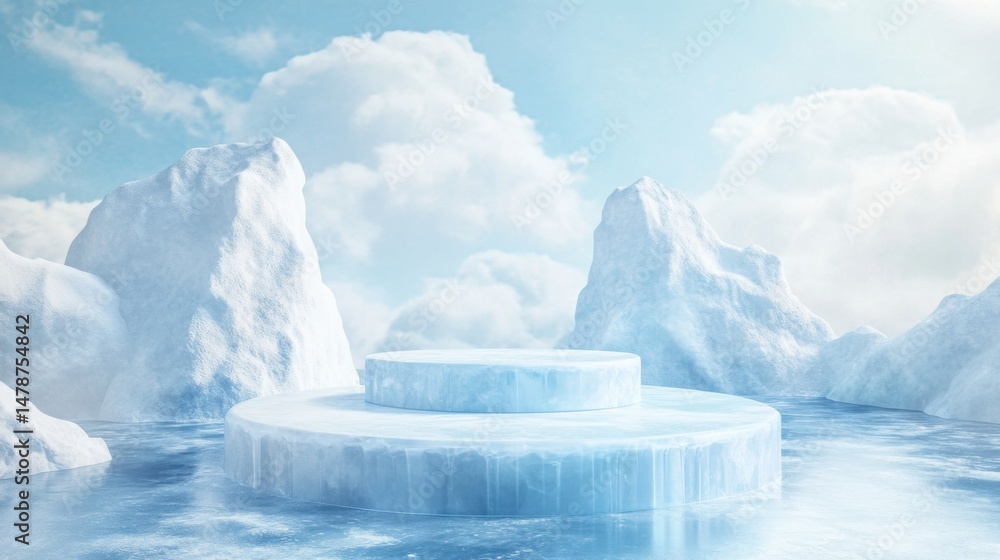 Poster icy platform display for product presentation with frozen mountains and cloudy sky background studio