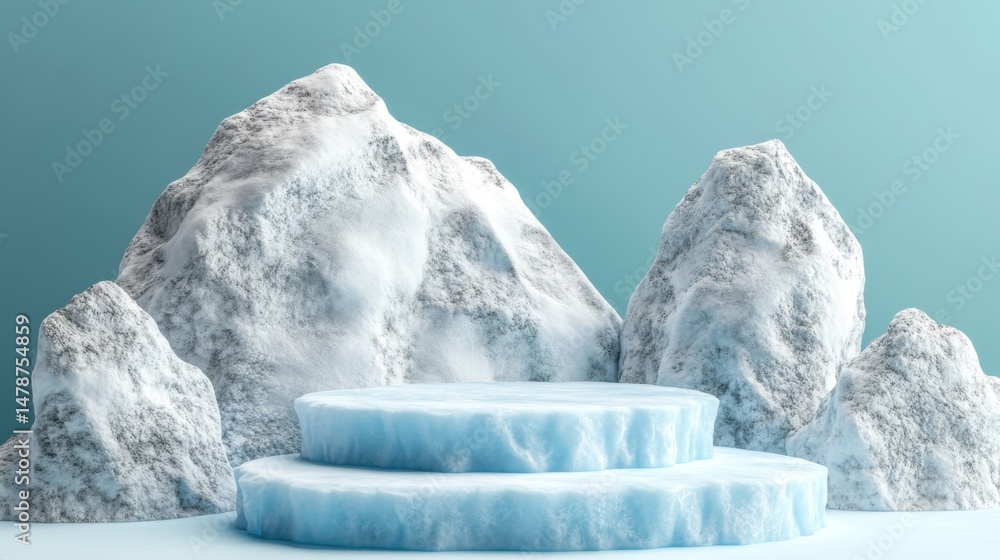 Poster ice podium display with snowy mountains backdrop for product showcase in studio setting on light blu