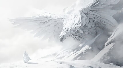 Obraz premium Majestic white eagle descends towards a lone figure in a snowy landscape