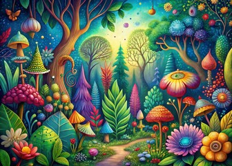 Whimsical Hand-Drawn Forest Illustration, Deep Focus, Fantasy Nature Scene