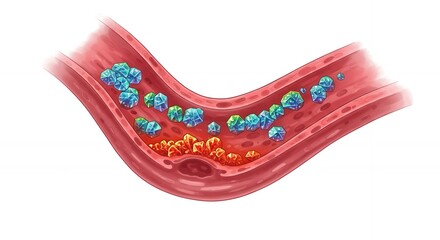 Illustration depicting a blood vessel with cholesterol crystals and a blockage, showcasing the impact of atherosclerosis on cardiovascular health and circulation