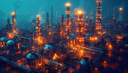 Obraz premium A sprawling industrial refinery complex illuminated at night with bright orange lights.