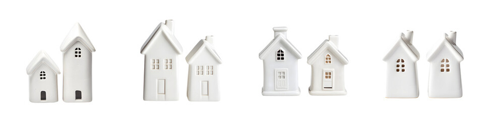 Charming collection of white ceramic houses featuring various sizes and designs, perfect for home decor, interior styling, and seasonal decorations in a minimalistic style