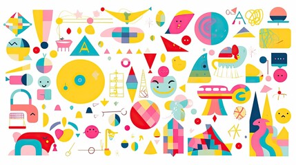 Colorful abstract shapes and objects create a vibrant visual composition.