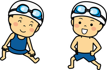 水着で準備体操する男女の子供