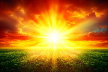 Vibrant sunset over a lush green field, sun rays bursting through clouds. Dramatic, hopeful, peaceful scene.