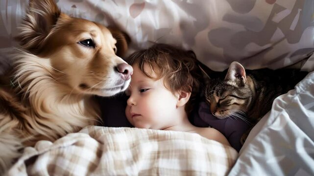 A young child peacefully sleeping on a cozy bed with a dog and a cat. The child, dog, and cat are snuggled close together, radiating warmth and love.
