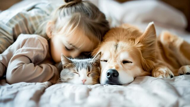 A young child peacefully sleeping on a cozy bed with a dog and a cat. The child, dog, and cat are snuggled close together, radiating warmth and love.
