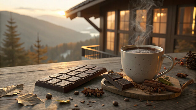 A hot brown cup of coffee and chocolate with cinnamon sticks sits on a white saucer, a perfect morning caffeine break - Powered by Adobe