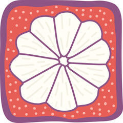 Artistic hand drawn illustration of square mangosteen. Vector drawing of exotic fruit slice with seeds and pulp isolated on white background. Drawing of summer vegan dessert for your printing.