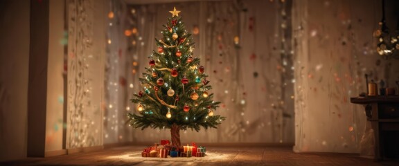 Tall decorated tree, colorful ornaments, warm glowing lights, blurred background ,  magic,  illumination