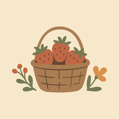 Cottagecore Theme Style Strawberries in the Basket Vector Template