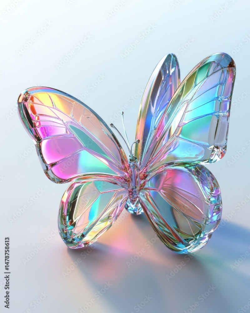 Poster iridescent glass butterfly sculpture casting rainbow shadows against a soft gradient background in a