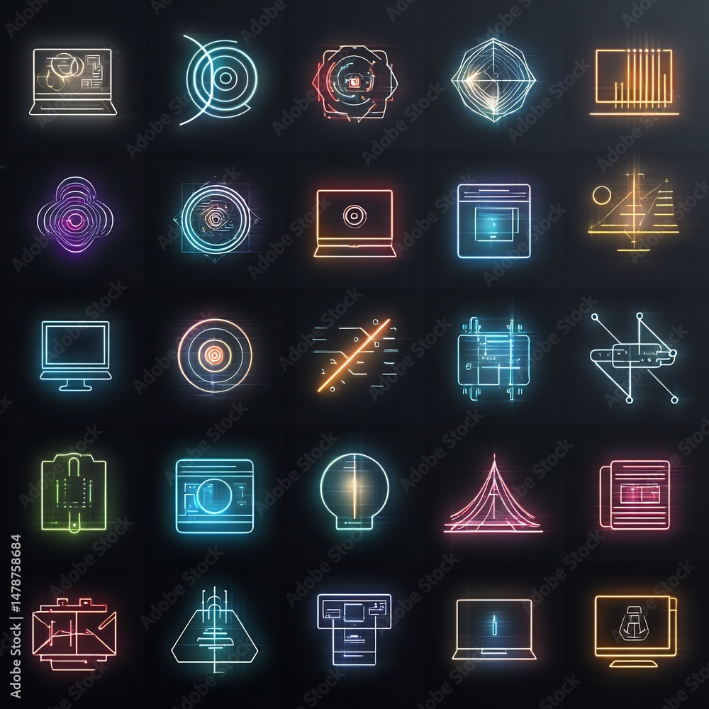 Aufkleber luminous digital icons representing diverse software and technology applications