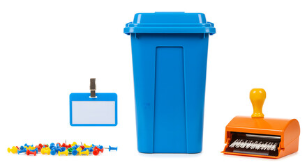 Blue trash bin with name tag, push pin, and orange sweeper