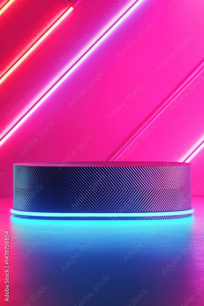 Poster cyberpunk tech podium futuristic carbon fiber design with neon gradient lighting - next-gen product 