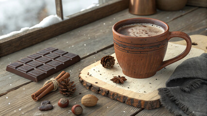 Aromatic hot brown espresso in a white cup with chocolate and cinnamon sticks