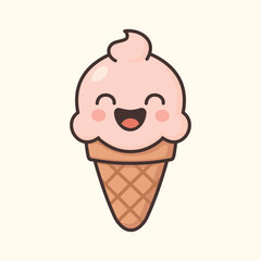 Kawaii Design Style Smiling Ice Cream Cone Vector Template
