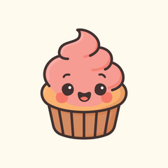 Kawaii Design Style Blushing Cupcake Vector Template