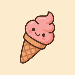 Kawaii Design Style Smiling Ice Cream Cone Vector Template